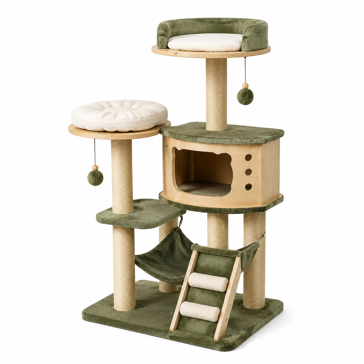 Arbre à chat en bois, sisal et tissu vert olive, beige et crème, 80 × 50 × 145 cm, avec niche, hamac et plateformes