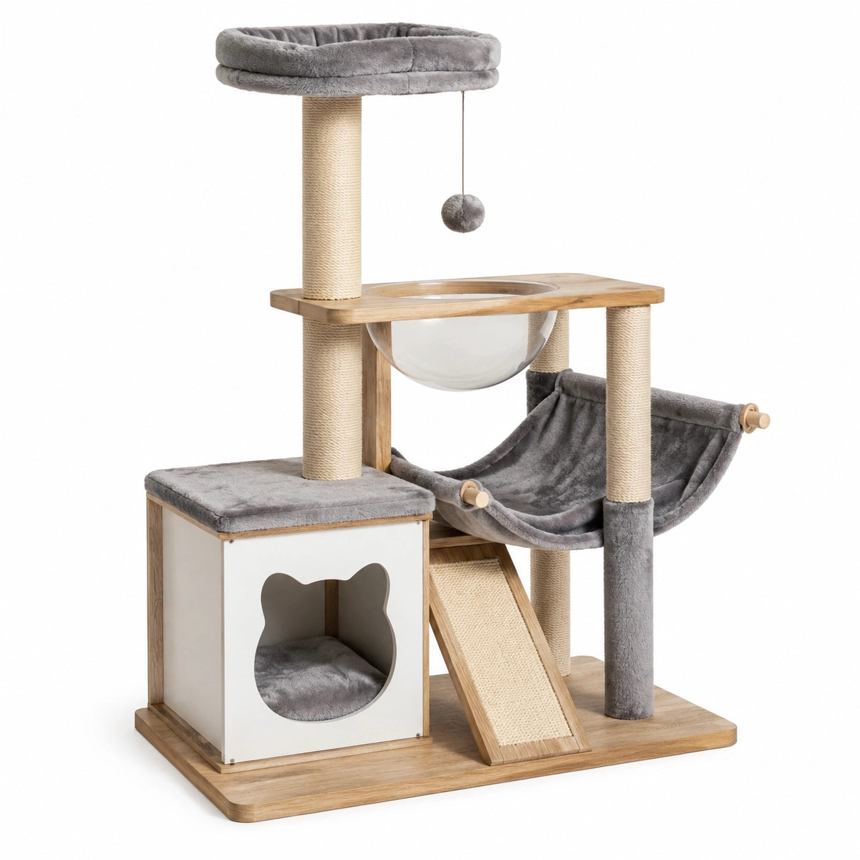 Arbre à chat multifonction gris, beige, blanc et marron clair, 90 × 50 × 130 cm, avec hamac, niche, bulle et griffoirs