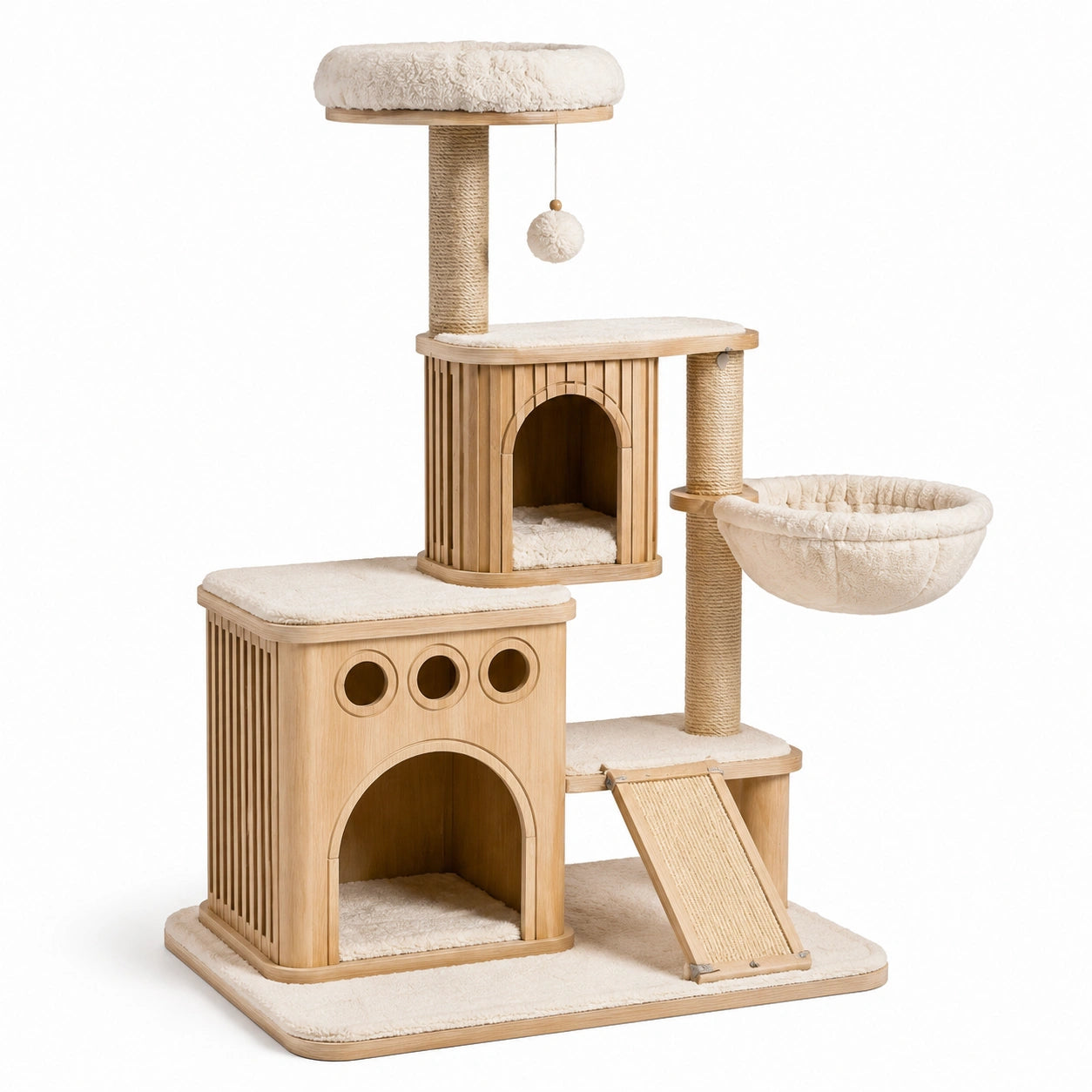 Arbre à chat en bois naturel et beige avec niches, hamac et griffoirs, 100 × 60 × 160 cm