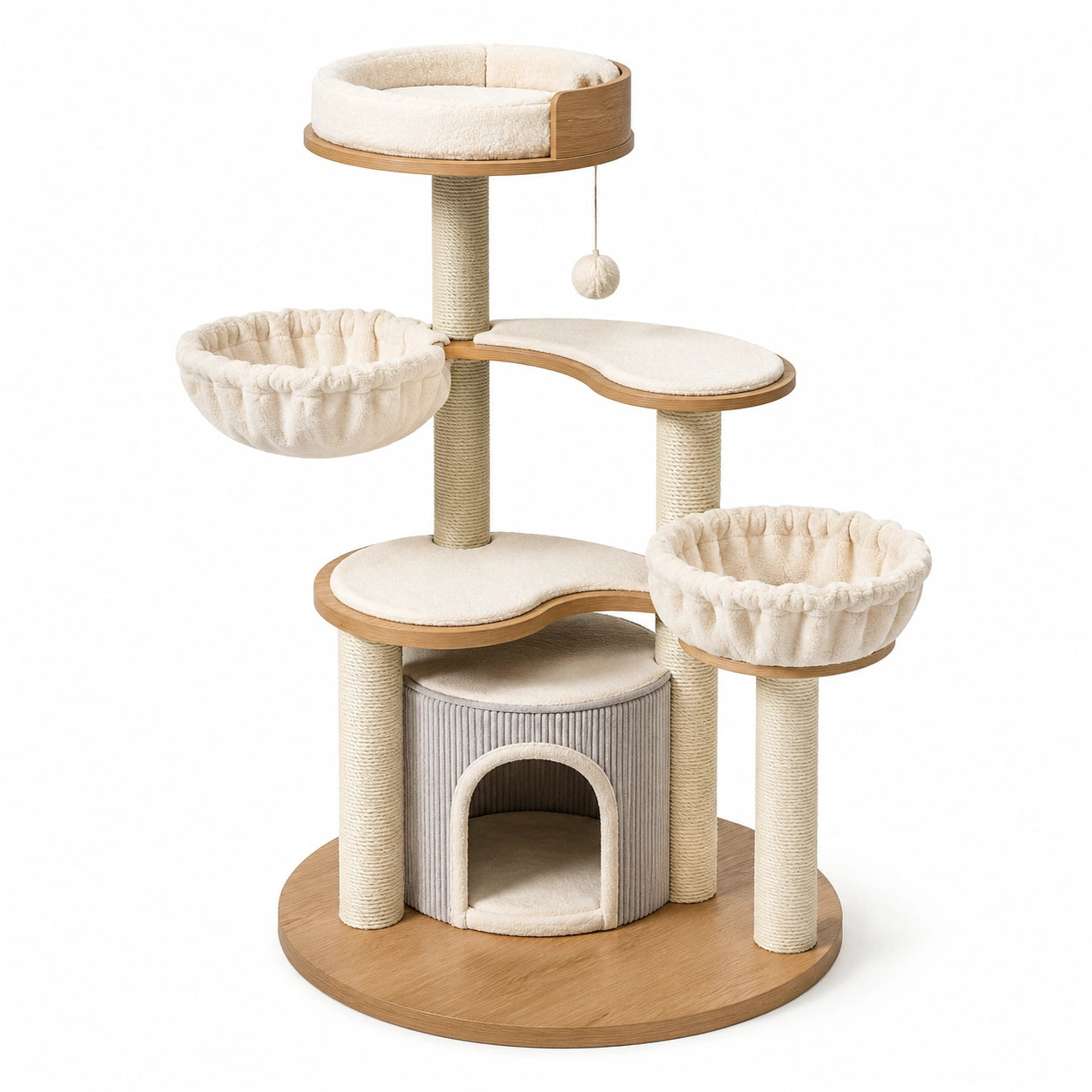 Arbre à chat multiniveau 90 × 60 × 150 cm en bois, sisal et textile beige, crème, marron clair et gris clair