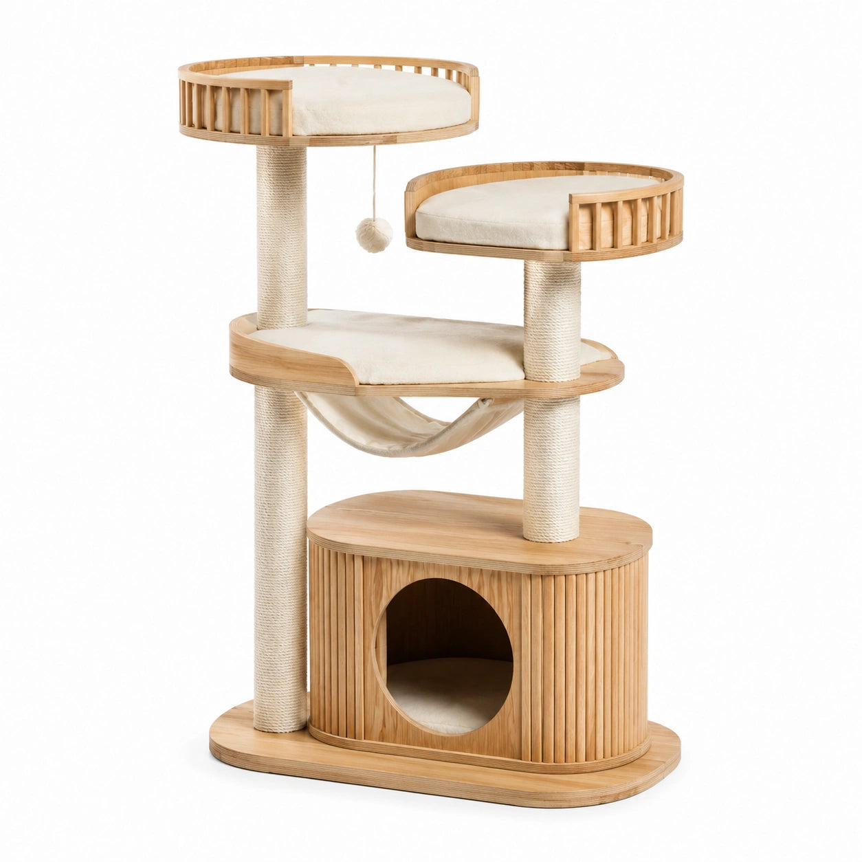 Arbre à chat multiniveau en bois naturel et sisal beige avec niche, hamac et couchages, 90 × 60 × 175 cm