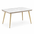 Table à manger rectangulaire moderne 120 × 70 × 75 cm, plateau blanc effet marbre gris et pieds dorés