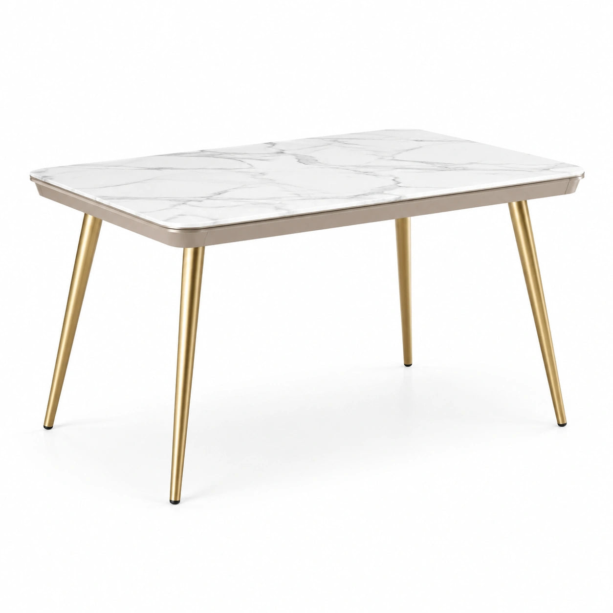 Table à manger rectangulaire moderne 120 × 70 × 75 cm, plateau blanc effet marbre gris et pieds dorés