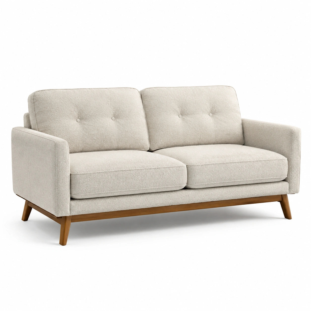 Canapé 2 places en tissu bouclé écru avec pieds en bois naturel, style scandinave, 180 × 86 × 84 cm