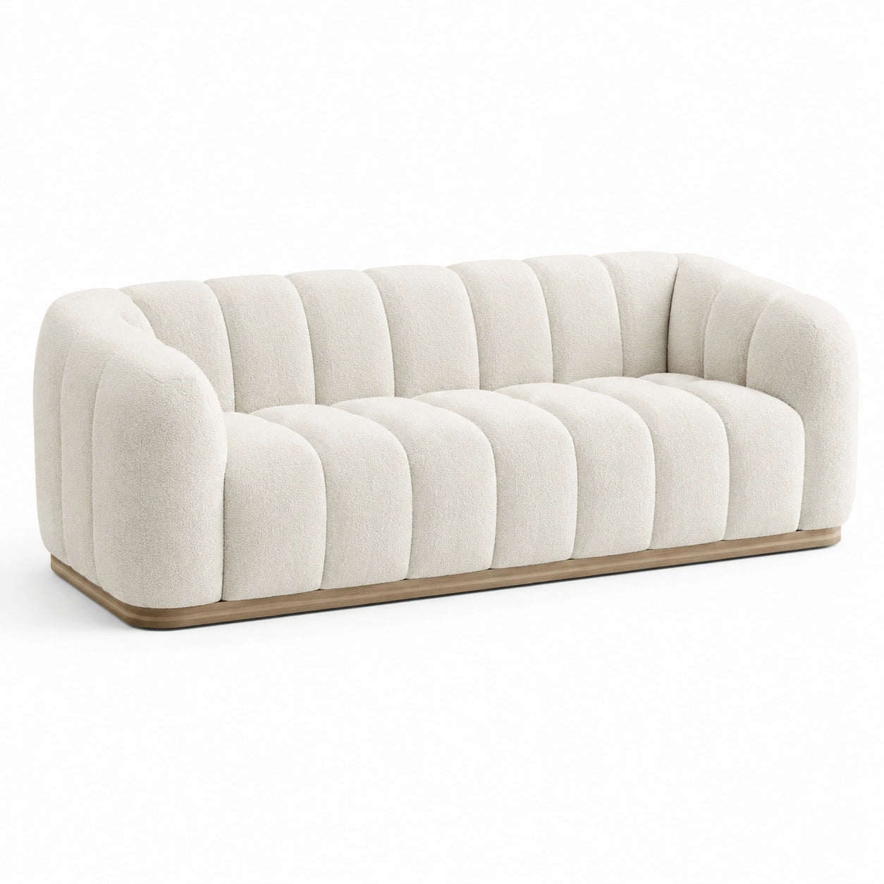 Canapé 3 places en tissu bouclé blanc cassé avec base en bois marron clair, 220 × 95 × 78 cm