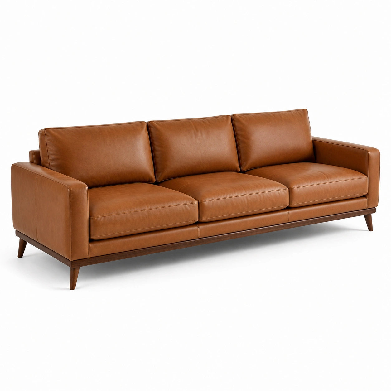 Canapé contemporain 3 places en similicuir cognac avec pieds en bois, 225 × 90 × 84 cm