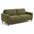 Canapé droit 3 places en tissu vert olive et bois marron, 210 × 90 × 85 cm, style moderne