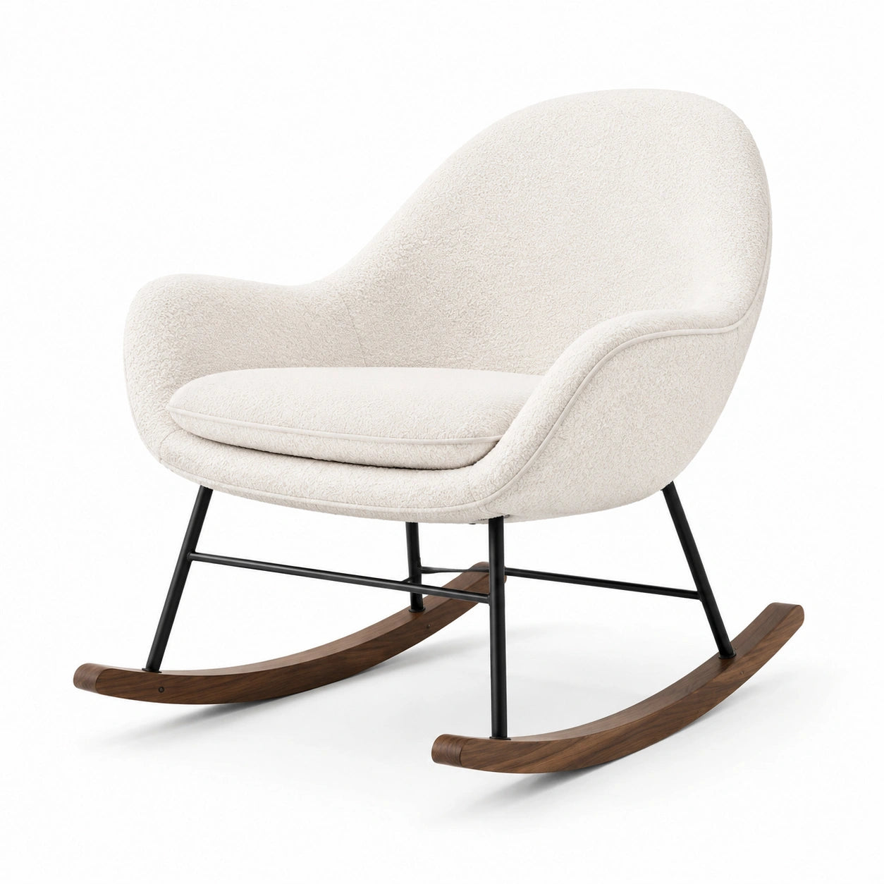 Fauteuil à bascule en tissu bouclé écru 95 × 80 × 85 cm avec structure en métal noir et patins en bois brun