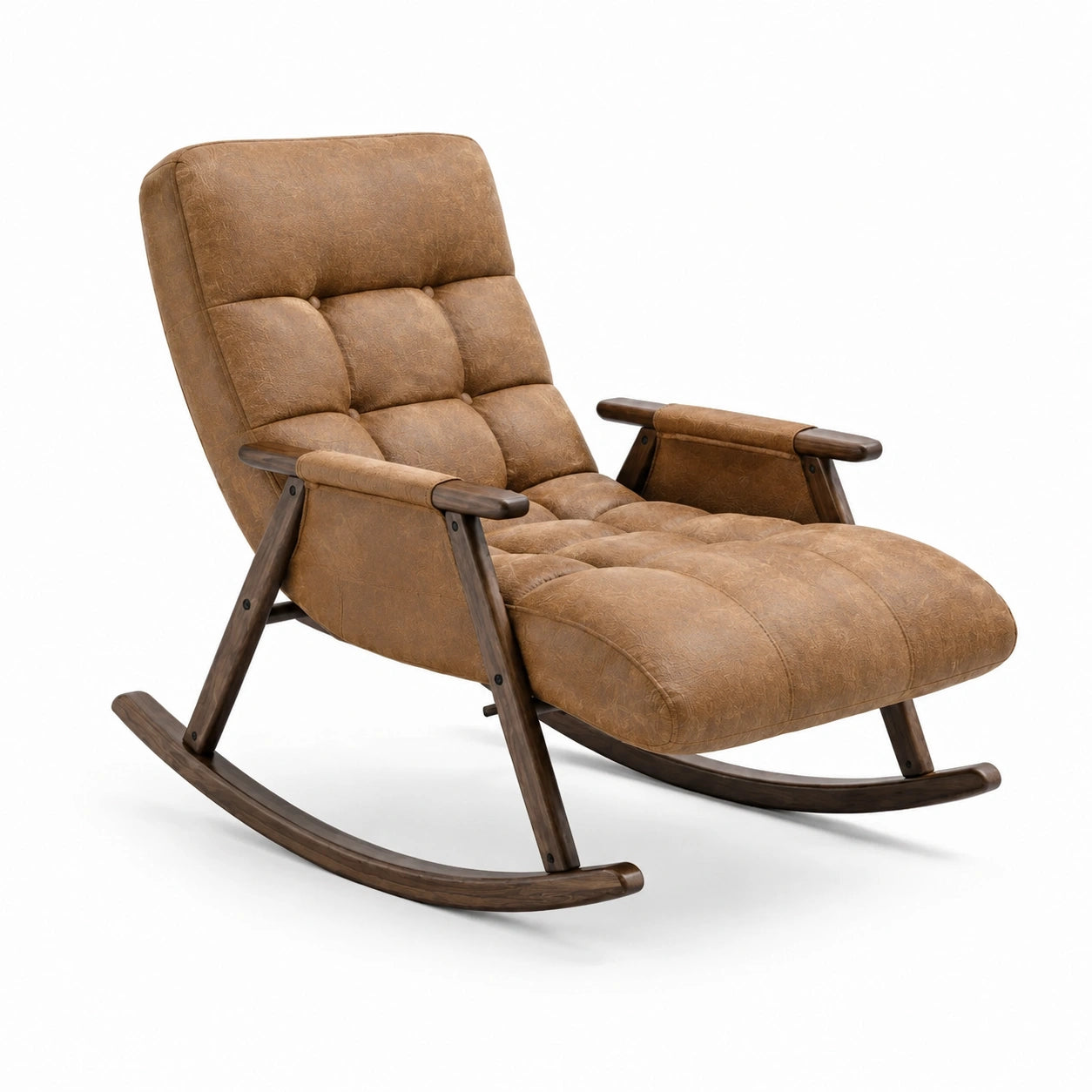 Fauteuil à bascule vintage en bois et revêtement synthétique, Marron clair/Marron foncé, 104 × 67 × 95 cm