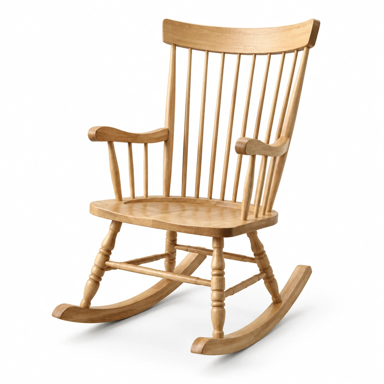 Fauteuil à bascule en bois naturel avec accoudoirs et haut dossier, 70 × 90 × 110 cm