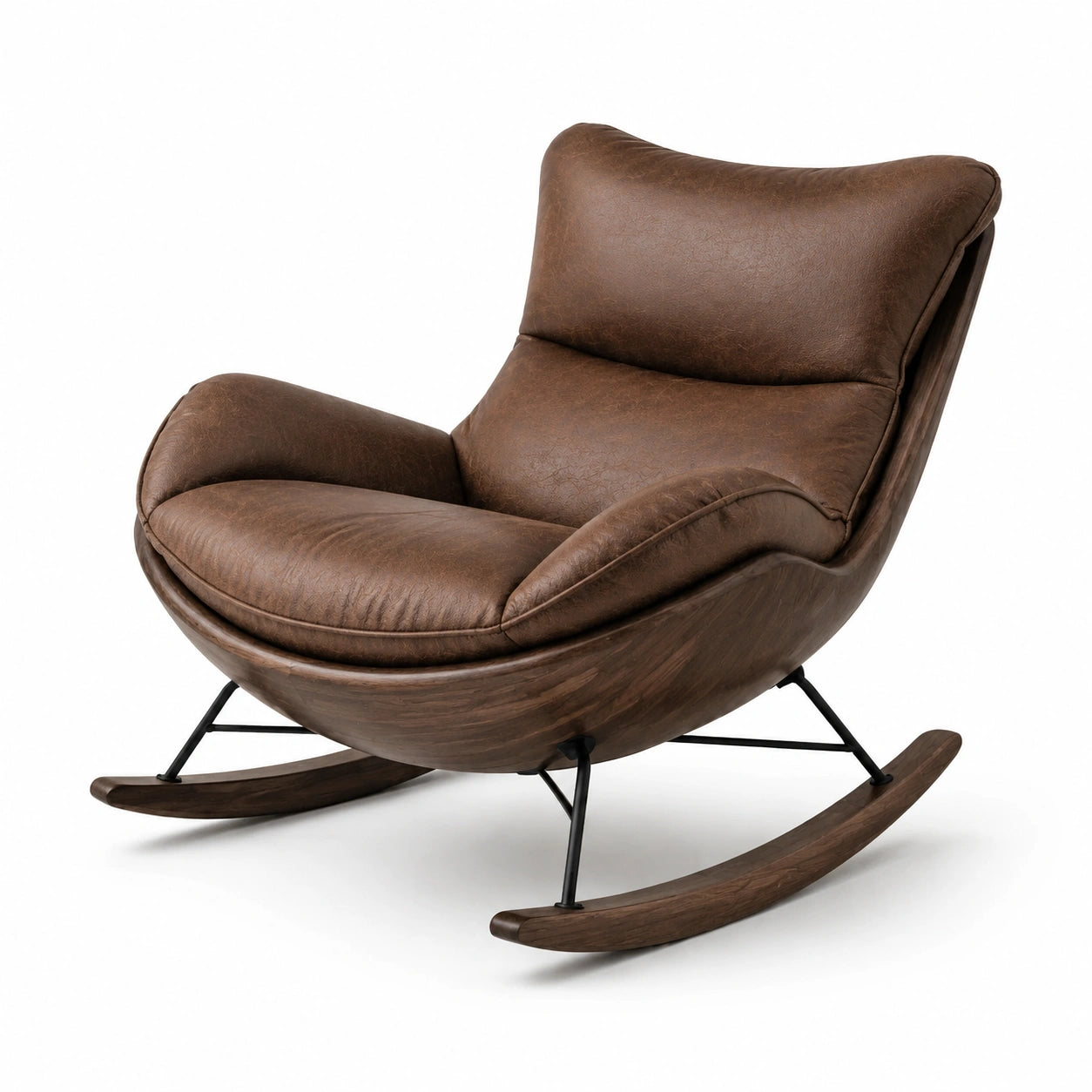 Fauteuil à bascule vintage en bois, métal et cuir synthétique brun et noir, 95 × 102 × 99 cm