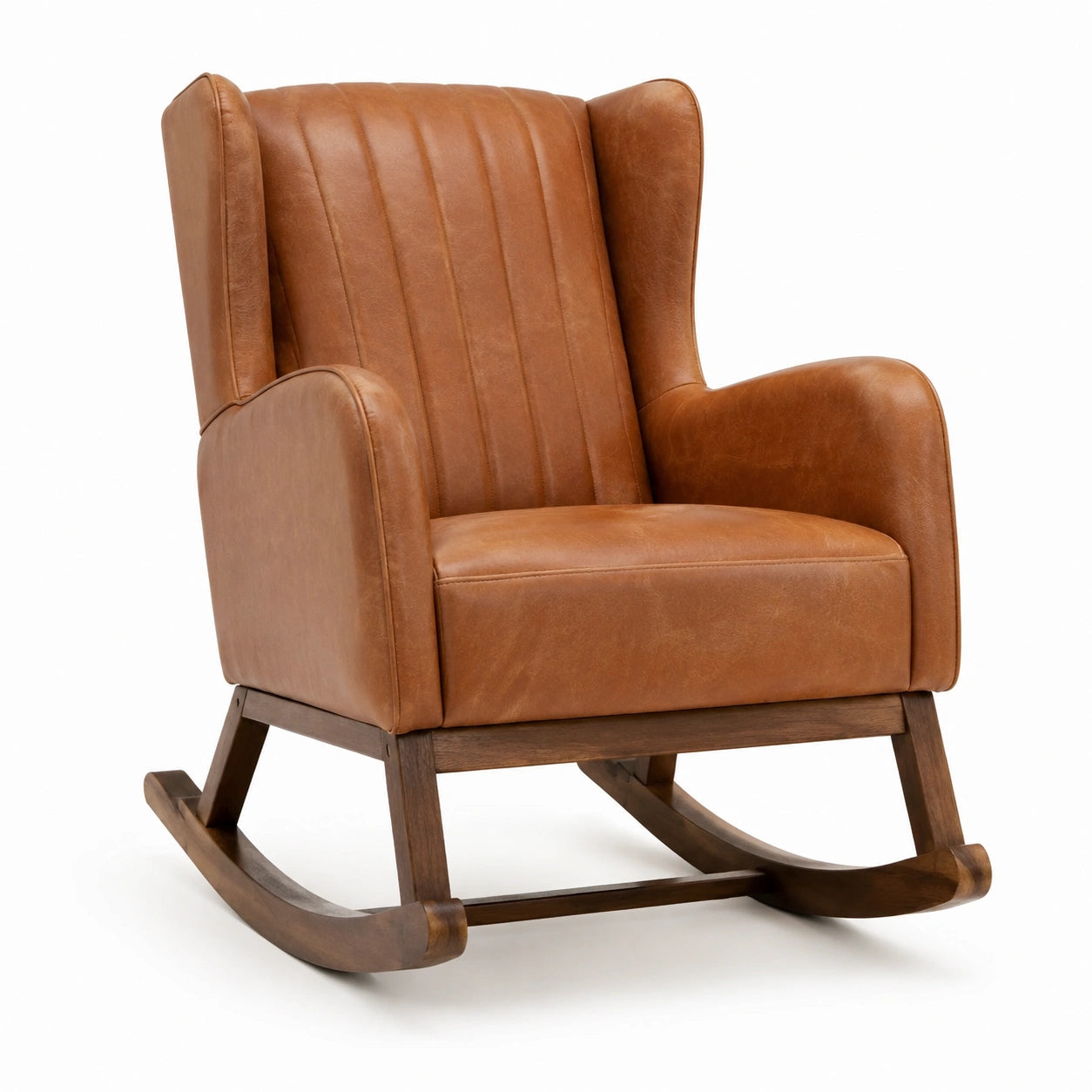 Fauteuil à bascule rétro en revêtement aspect cuir cognac et bois marron foncé, dossier haut, 75 × 90 × 100 cm