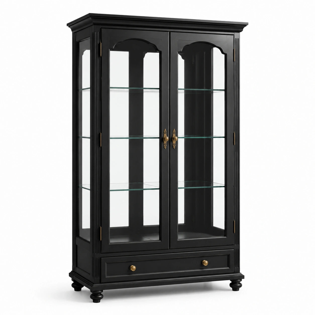 Meuble d’exposition noir en bois et verre, 100 × 40 × 190 cm, 2 portes, 3 étagères et 1 tiroir