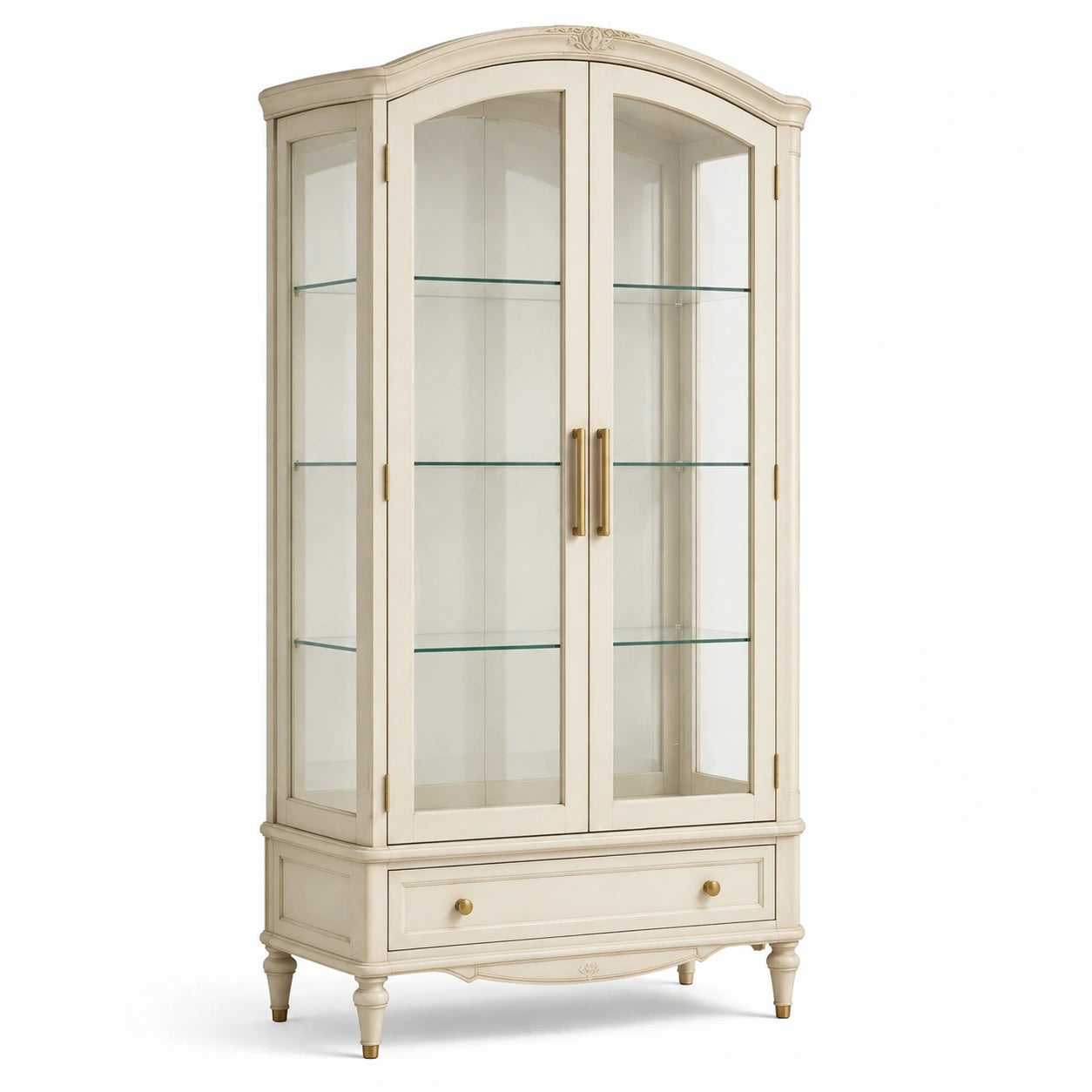 Armoire vitrine classique ivoire en bois et verre avec 2 portes, 3 étagères et 1 tiroir, 100 × 42 × 190 cm