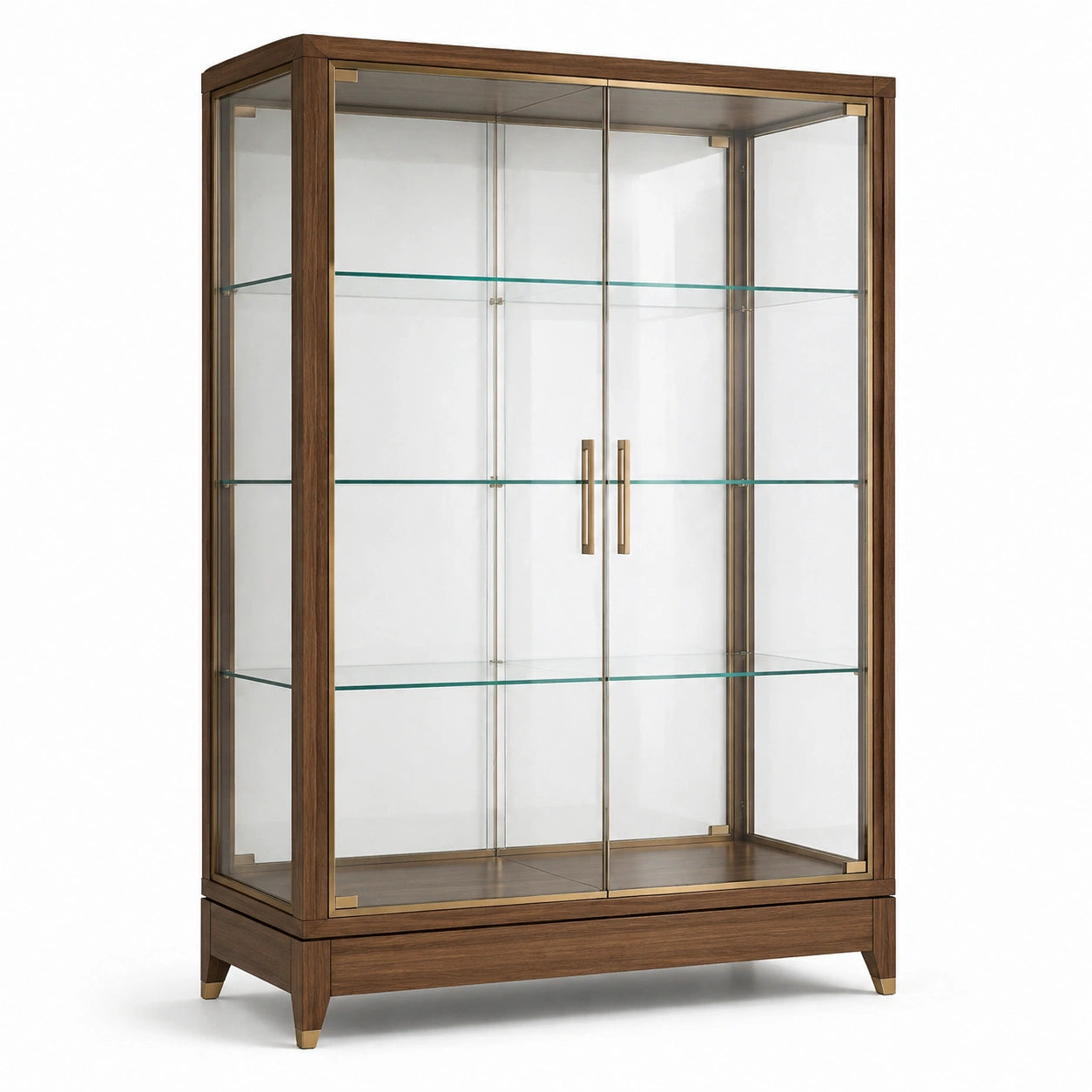 Vitrine en bois brun foncé et verre transparent avec détails dorés, 2 portes, 3 tablettes, 100 × 40 × 180 cm