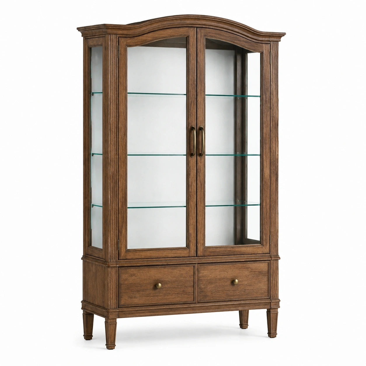 Vitrine en bois brun et verre avec 2 portes, 2 tiroirs et 3 tablettes, 120 × 45 × 200 cm