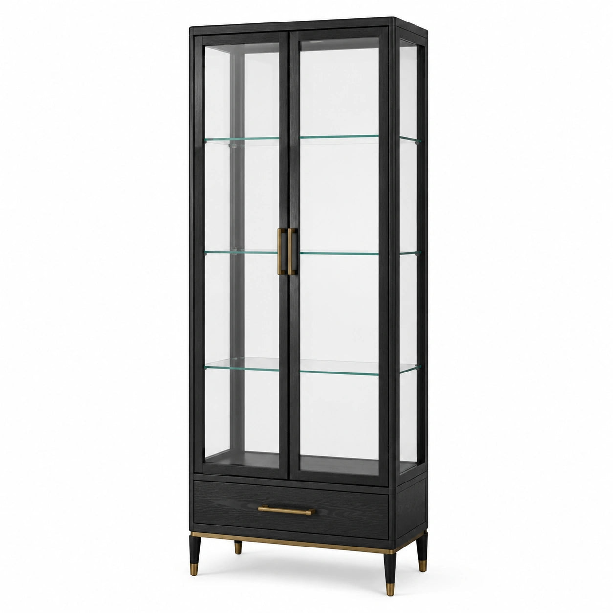 Vitrine contemporaine noire, dorée et transparente 90 × 40 × 190 cm avec 2 portes, 3 étagères et 1 tiroir