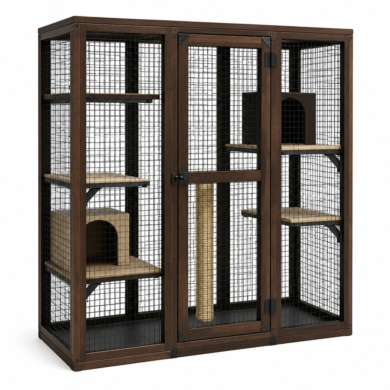 Enclos pour chat en bois brun et métal noir avec plateformes, niches et griffoir, 160 × 80 × 180 cm