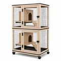 Cage pour chat à deux niveaux en bois et métal, beige et noire, 90 × 60 × 150 cm, avec roulettes