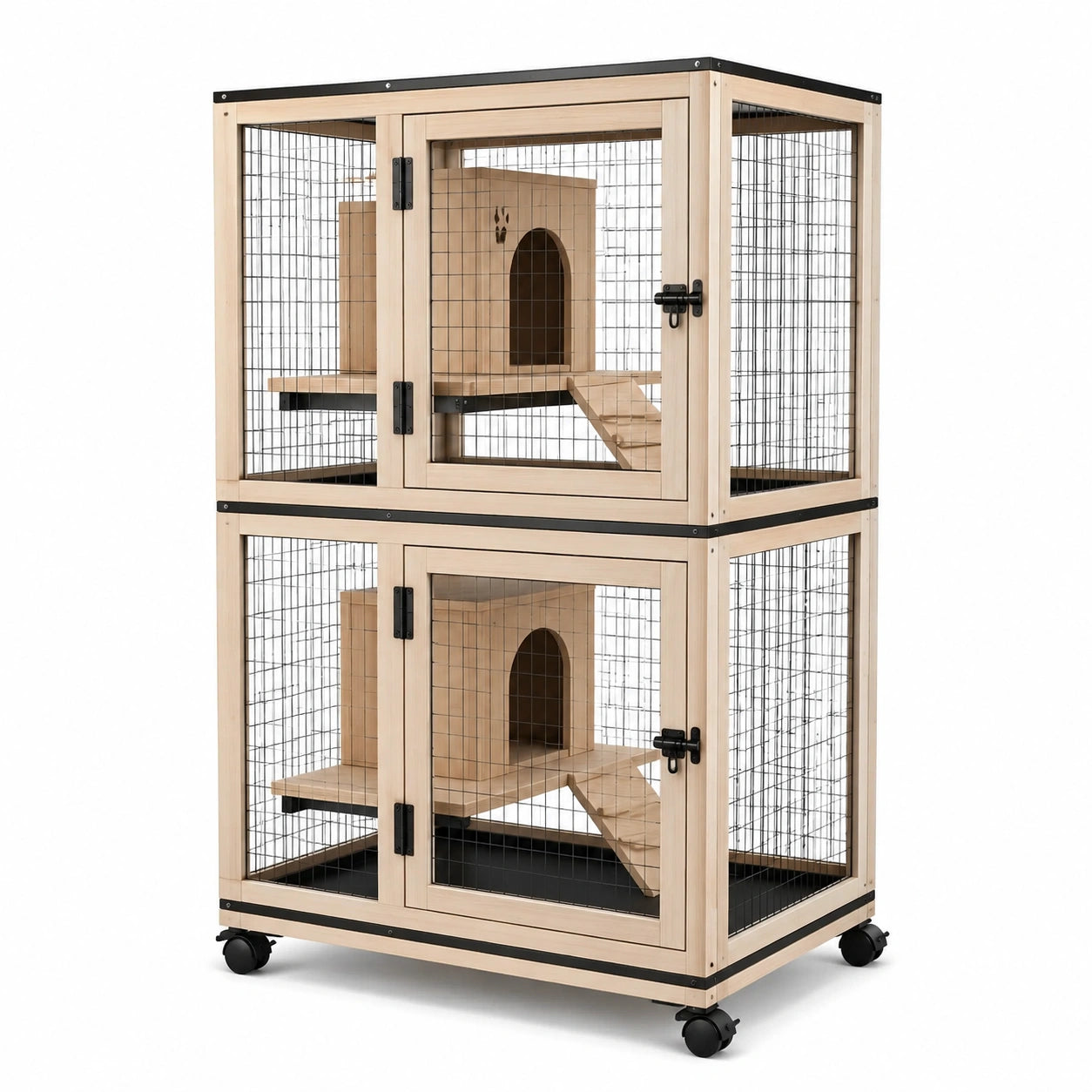 Cage pour chat à deux niveaux en bois et métal, beige et noire, 90 × 60 × 150 cm, avec roulettes