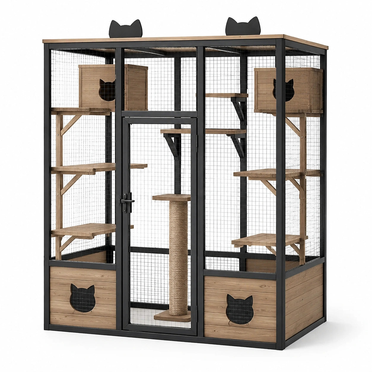 Enclos pour chat en métal noir et bois naturel avec plateformes et griffoir, 200 × 120 × 200 cm