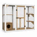Enclos pour chat blanc en bois et métal, 180 × 80 × 170 cm, avec plateformes, maisonnette et poteau griffoir