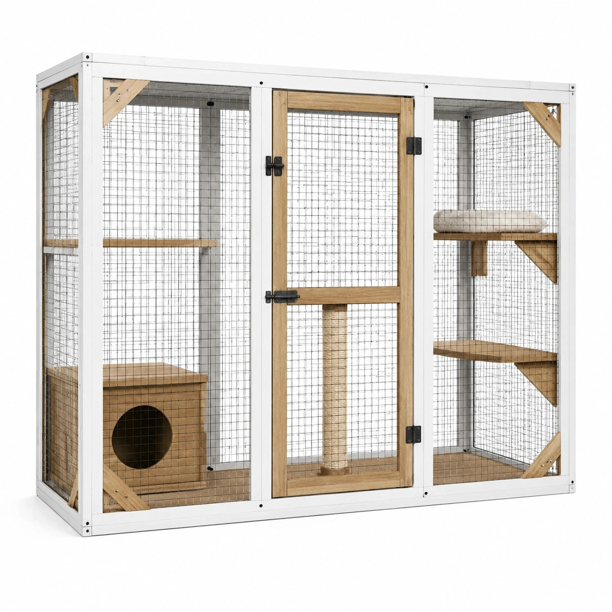 Enclos pour chat blanc en bois et métal, 180 × 80 × 170 cm, avec plateformes, maisonnette et poteau griffoir