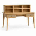 Bureau scandinave avec surmeuble, 6 niches et 2 tiroirs en cannage, chêne clair et beige, 120 × 60 × 110 cm
