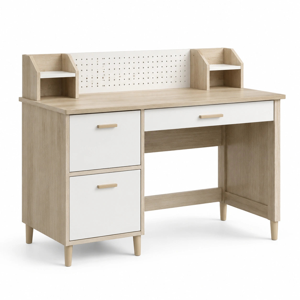 Bureau moderne avec 3 tiroirs, 2 compartiments et panneau perforé, 120 × 60 × 110 cm, chêne clair et blanc