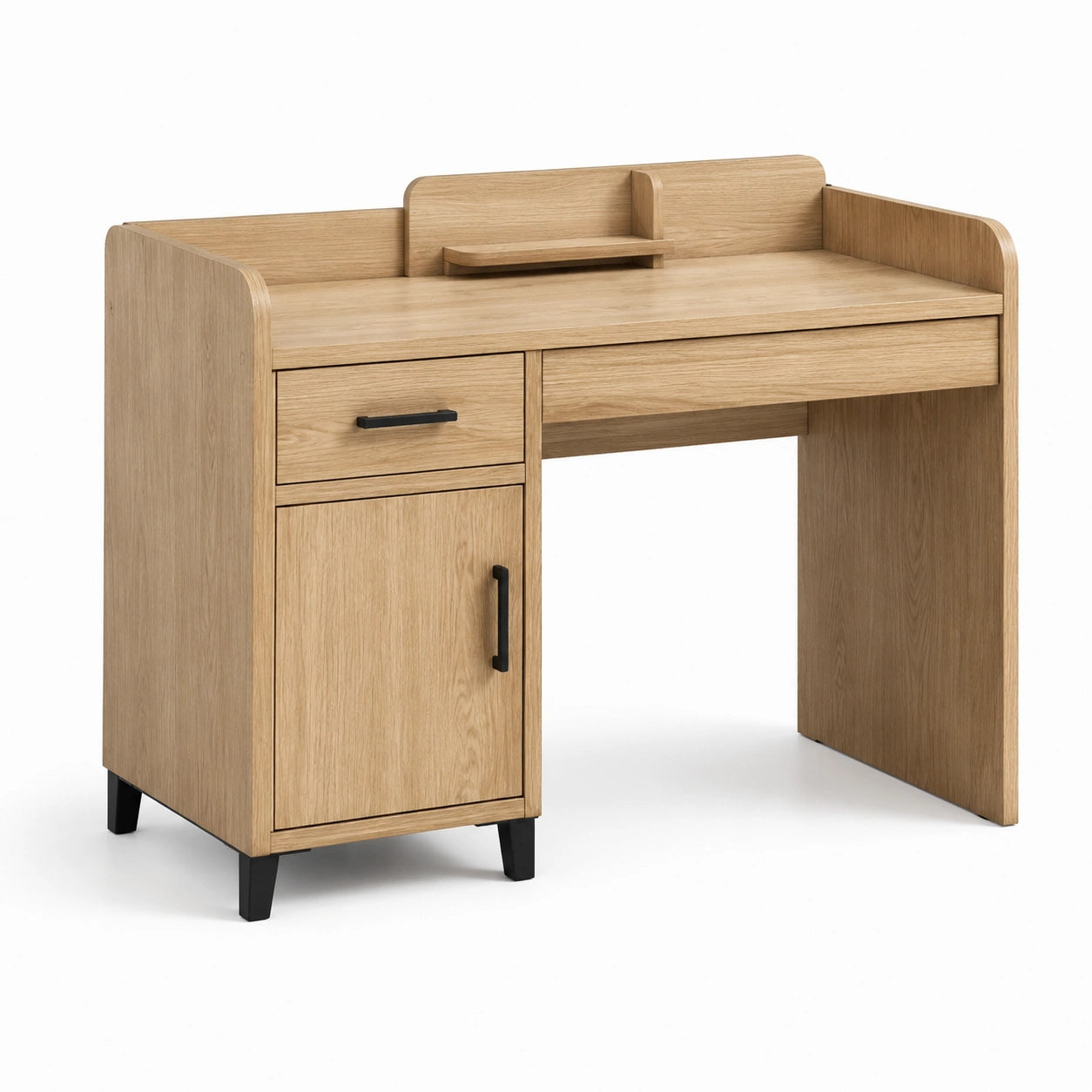 Bureau moderne avec tiroir, placard et tablette, chêne clair et noir, 120 × 55 × 95 cm