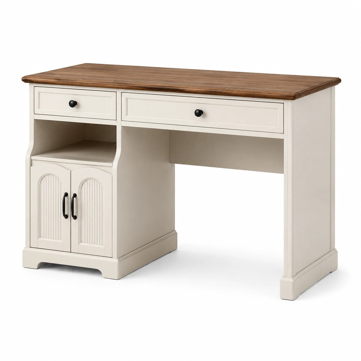 Bureau en bois blanc et marron avec poignées noires et rangements, 120 × 50 × 90 cm