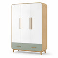 Armoire 3 portes et 1 tiroir, blanc, chêne clair et vert sauge, 120 × 55 × 190 cm