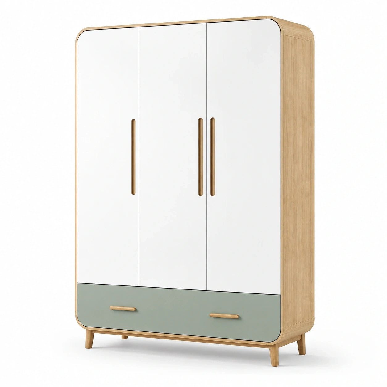 Armoire 3 portes et 1 tiroir, blanc, chêne clair et vert sauge, 120 × 55 × 190 cm