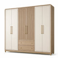 Armoire contemporaine à 6 portes et 2 tiroirs, 240 × 60 × 220 cm, beige clair et bois naturel, façades rainurées