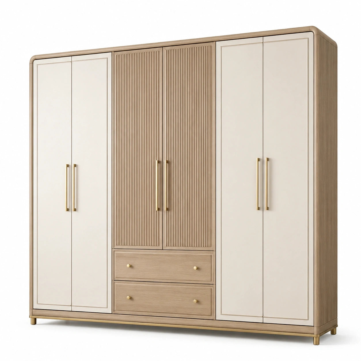 Armoire contemporaine à 6 portes et 2 tiroirs, 240 × 60 × 220 cm, beige clair et bois naturel, façades rainurées