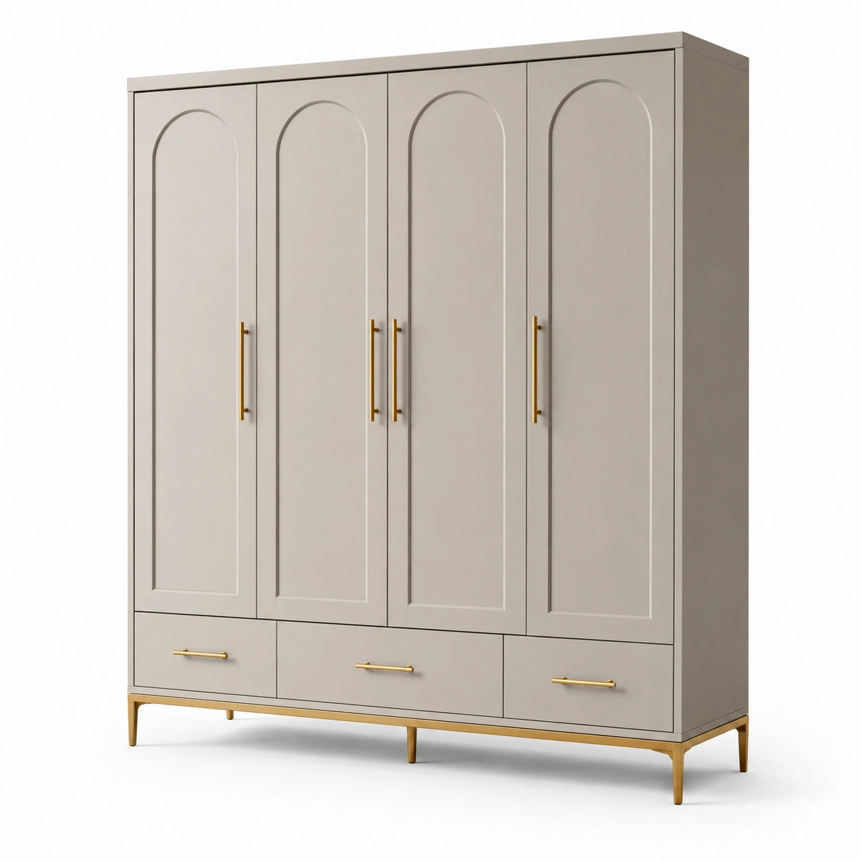 Armoire grège et dorée à 4 portes et 3 tiroirs, 200 × 58 × 220 cm