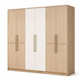 Armoire à 6 portes effet chêne clair et blanc avec poignées dorées, 300 × 60 × 220 cm