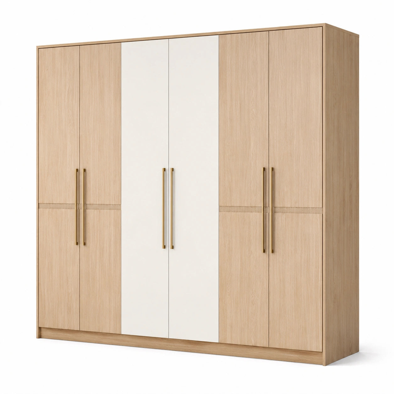 Armoire à 6 portes effet chêne clair et blanc avec poignées dorées, 300 × 60 × 220 cm