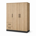 Armoire 3 portes et 2 tiroirs, chêne clair et noir, 150 × 52 × 200 cm