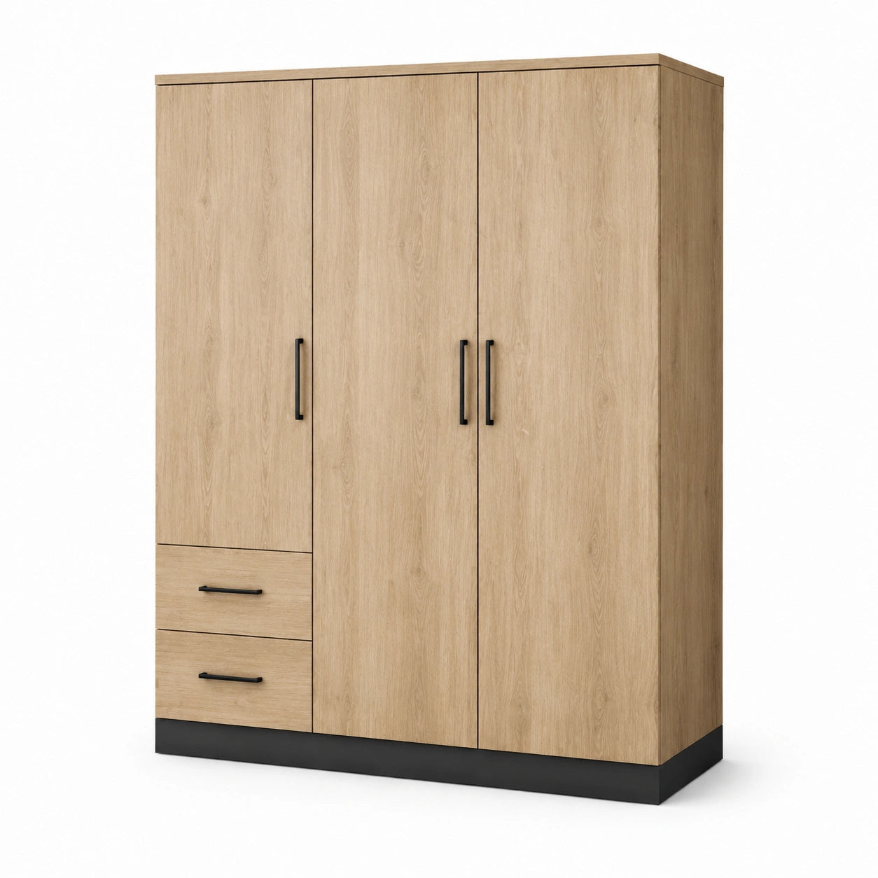 Armoire 3 portes et 2 tiroirs, chêne clair et noir, 150 × 52 × 200 cm