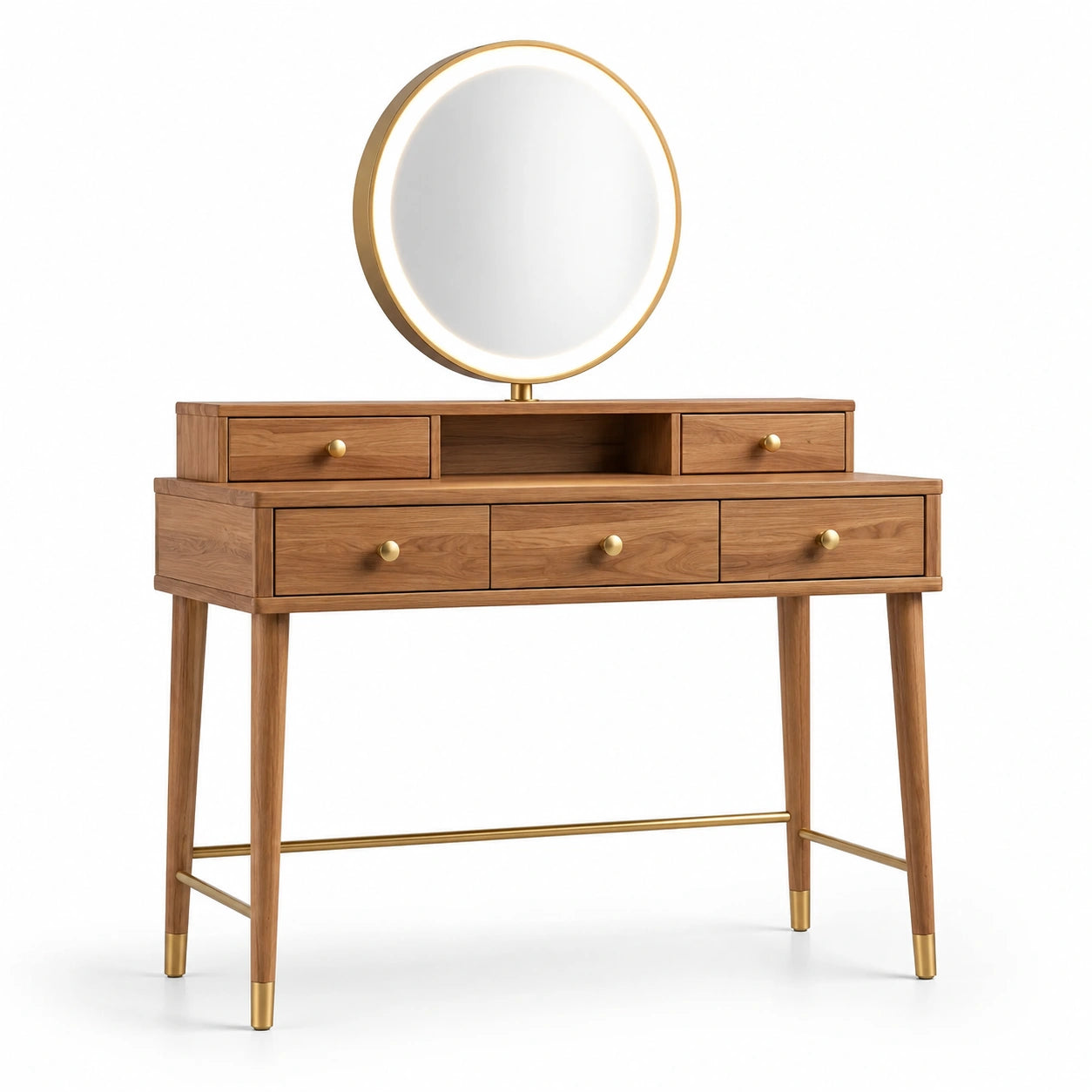 Coiffeuse marron et dorée 120 × 45 × 140 cm avec miroir rond éclairé et 5 tiroirs