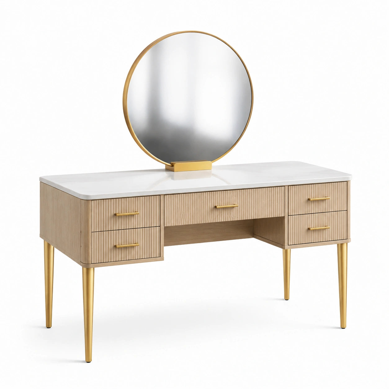 Coiffeuse avec miroir rond et 5 tiroirs, beige, blanc et doré, 120 × 40 × 140 cm