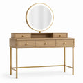 Coiffeuse avec miroir rond éclairé, 5 tiroirs, bois naturel et métal doré, 120 × 45 × 135 cm