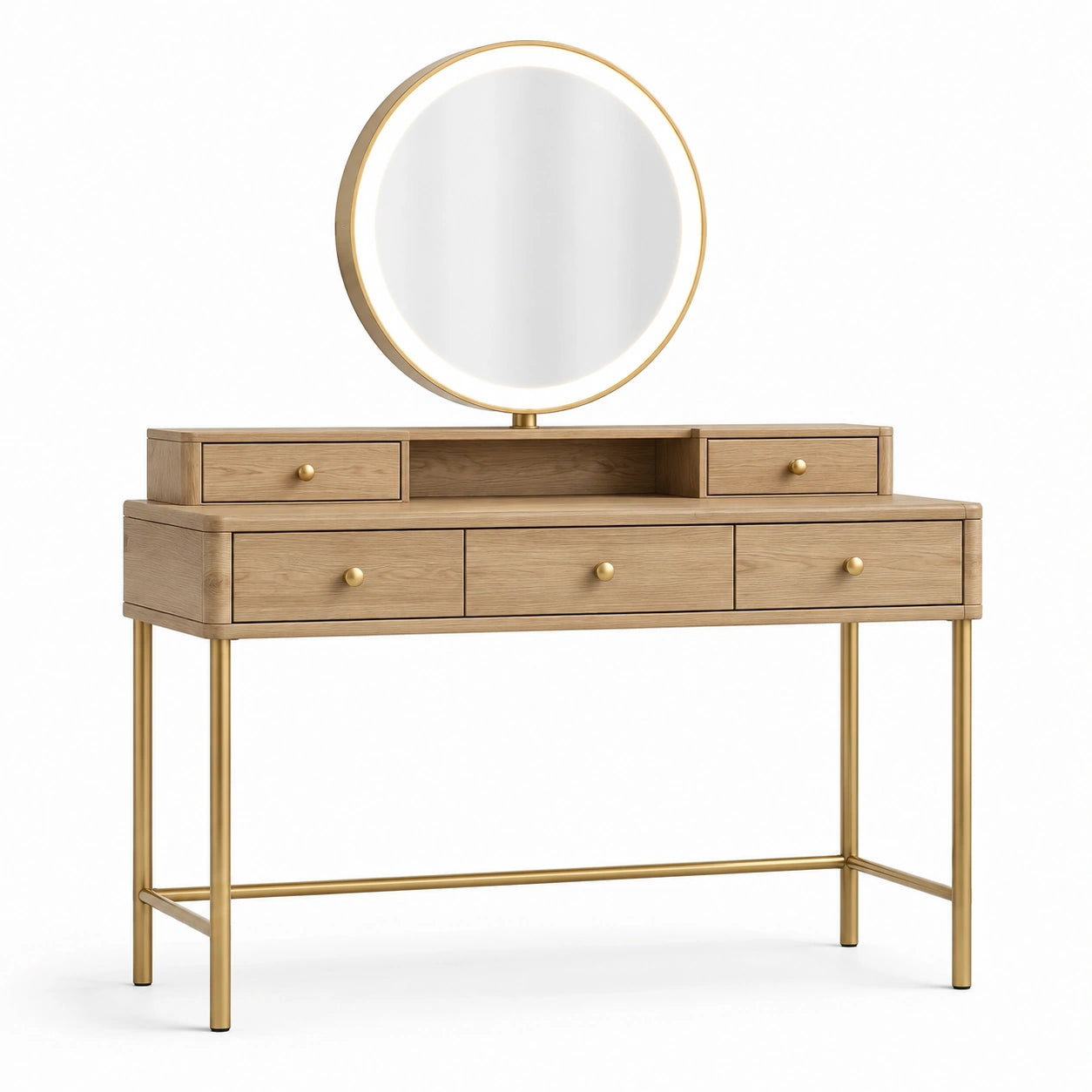 Coiffeuse avec miroir rond éclairé, 5 tiroirs, bois naturel et métal doré, 120 × 45 × 135 cm