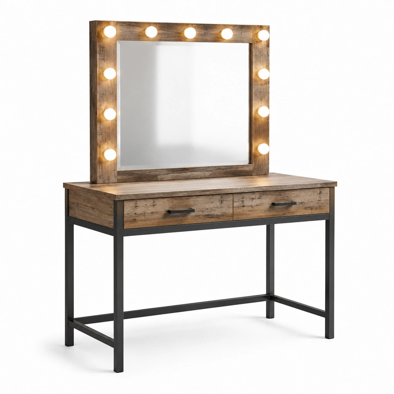Coiffeuse avec miroir lumineux à 11 ampoules et 2 tiroirs, brun et noir, 120 × 40 × 145 cm