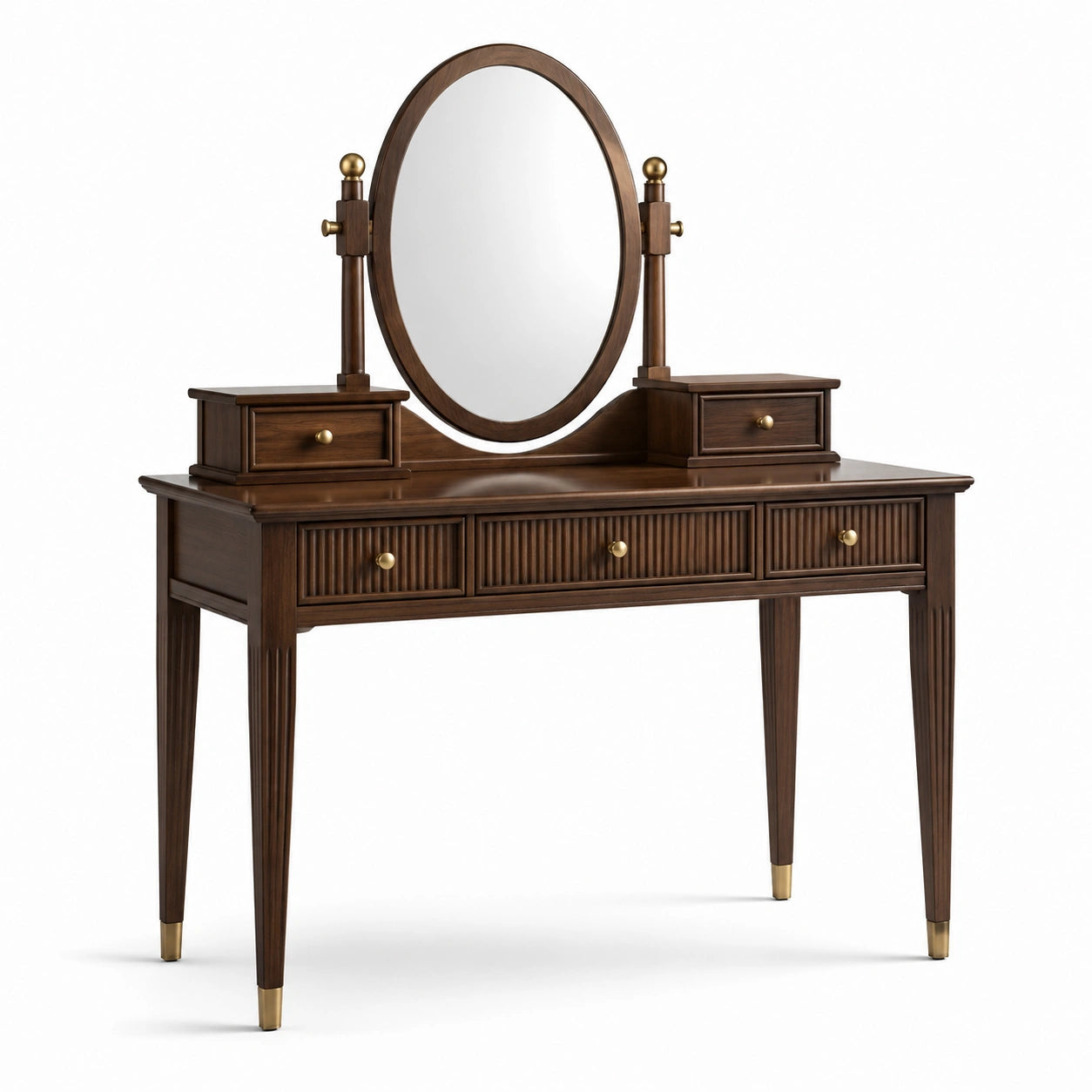 Coiffeuse brun foncé et doré avec miroir ovale orientable, 5 tiroirs, 120 × 50 × 150 cm