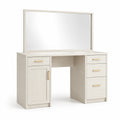 Coiffeuse moderne avec grand miroir, 4 tiroirs et placard, 120 × 45 × 145 cm, blanc cassé et doré
