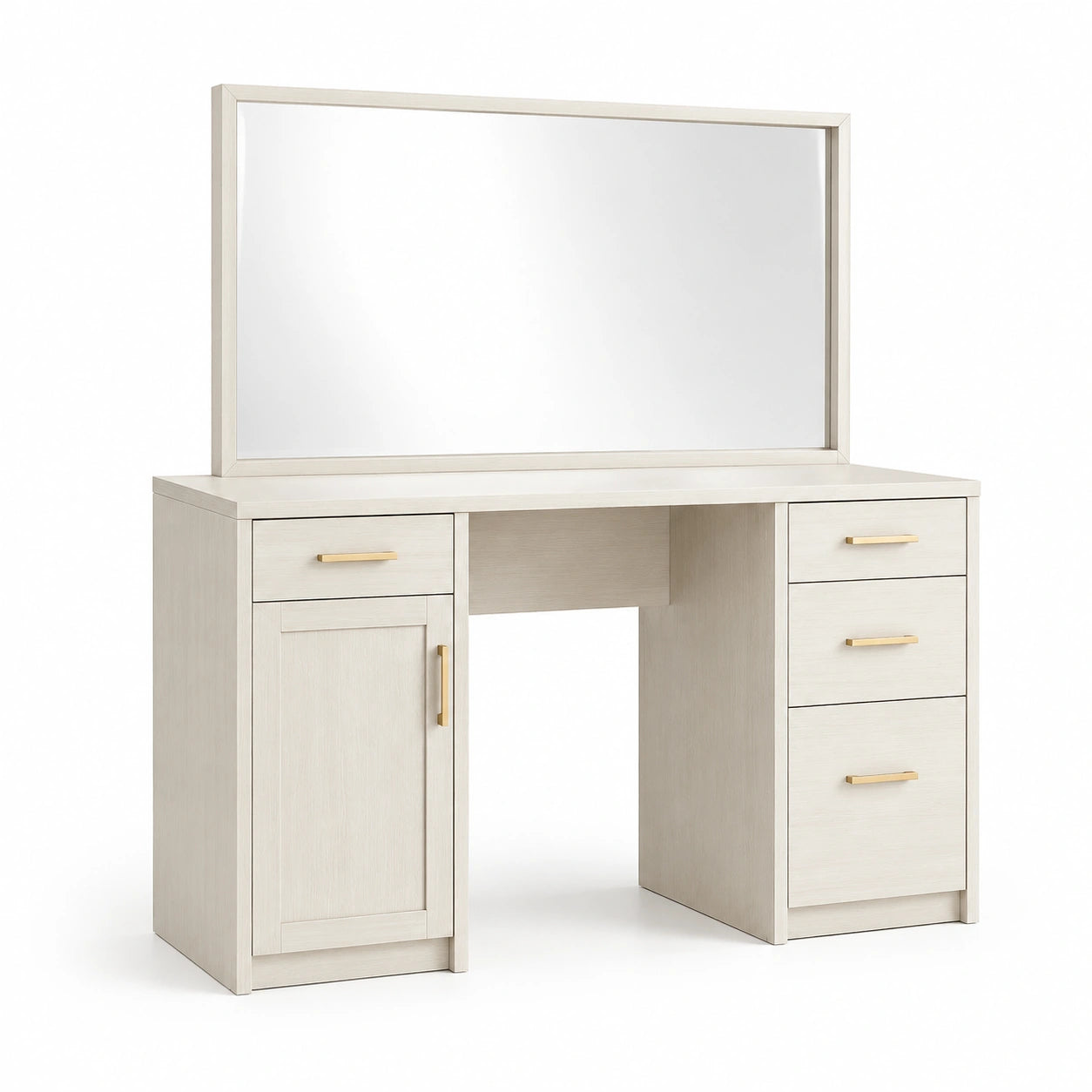 Coiffeuse moderne avec grand miroir, 4 tiroirs et placard, 120 × 45 × 145 cm, blanc cassé et doré