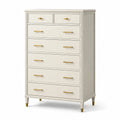 Commode haute à 7 tiroirs en bois d’ingénierie blanc cassé avec détails dorés, 90 × 45 × 135 cm