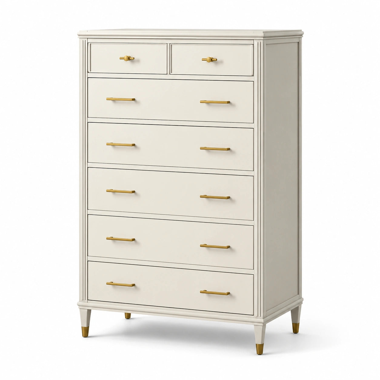 Commode haute à 7 tiroirs en bois d’ingénierie blanc cassé avec détails dorés, 90 × 45 × 135 cm